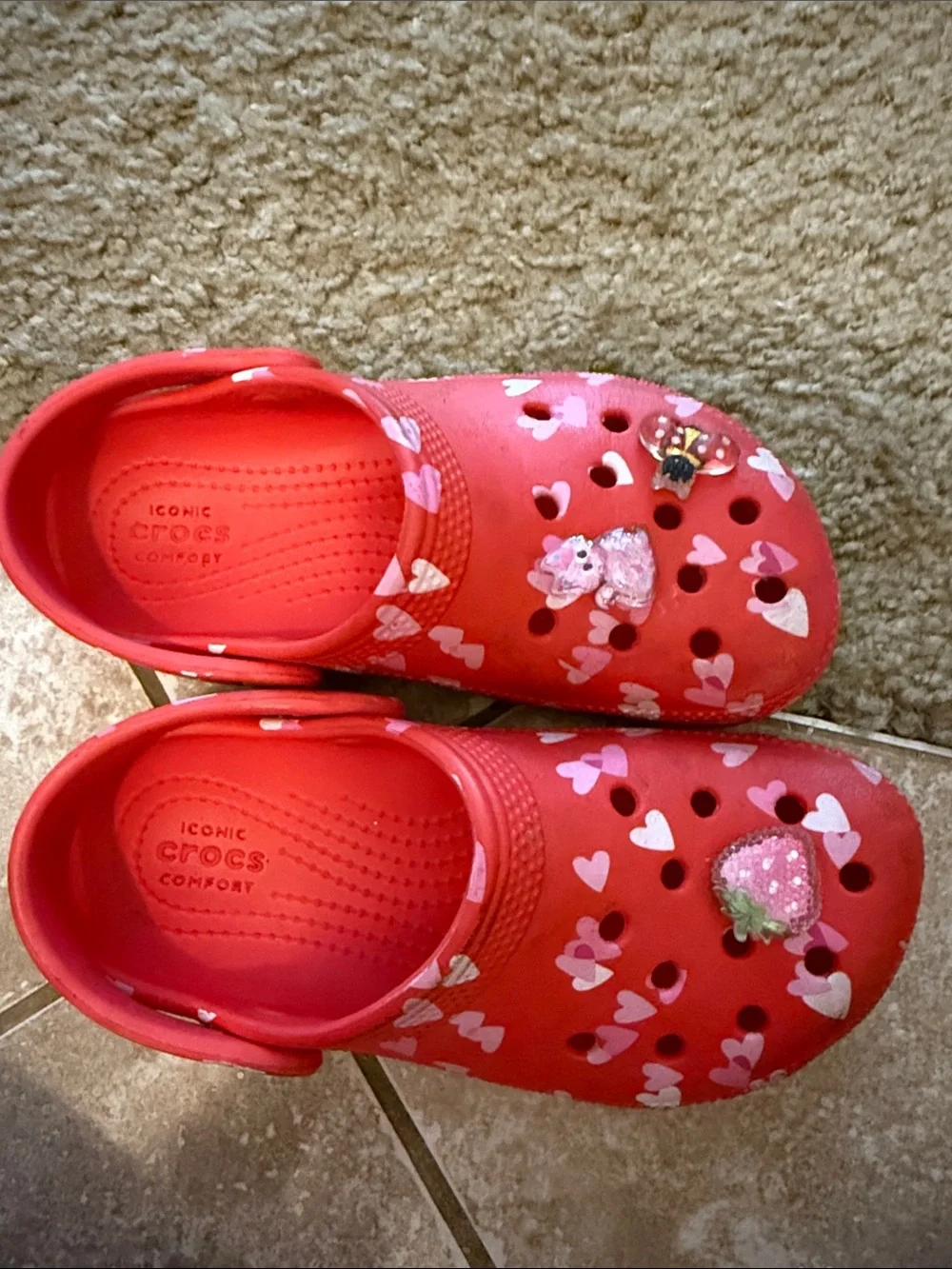 Kids Red Heart Print Crocs Shoes with Charms